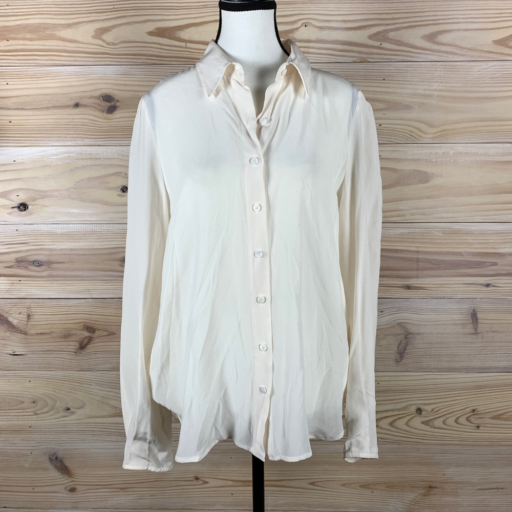 Worth New York Blouse Women Medium Cream 100% Silk Button Long Sleeve Luxury